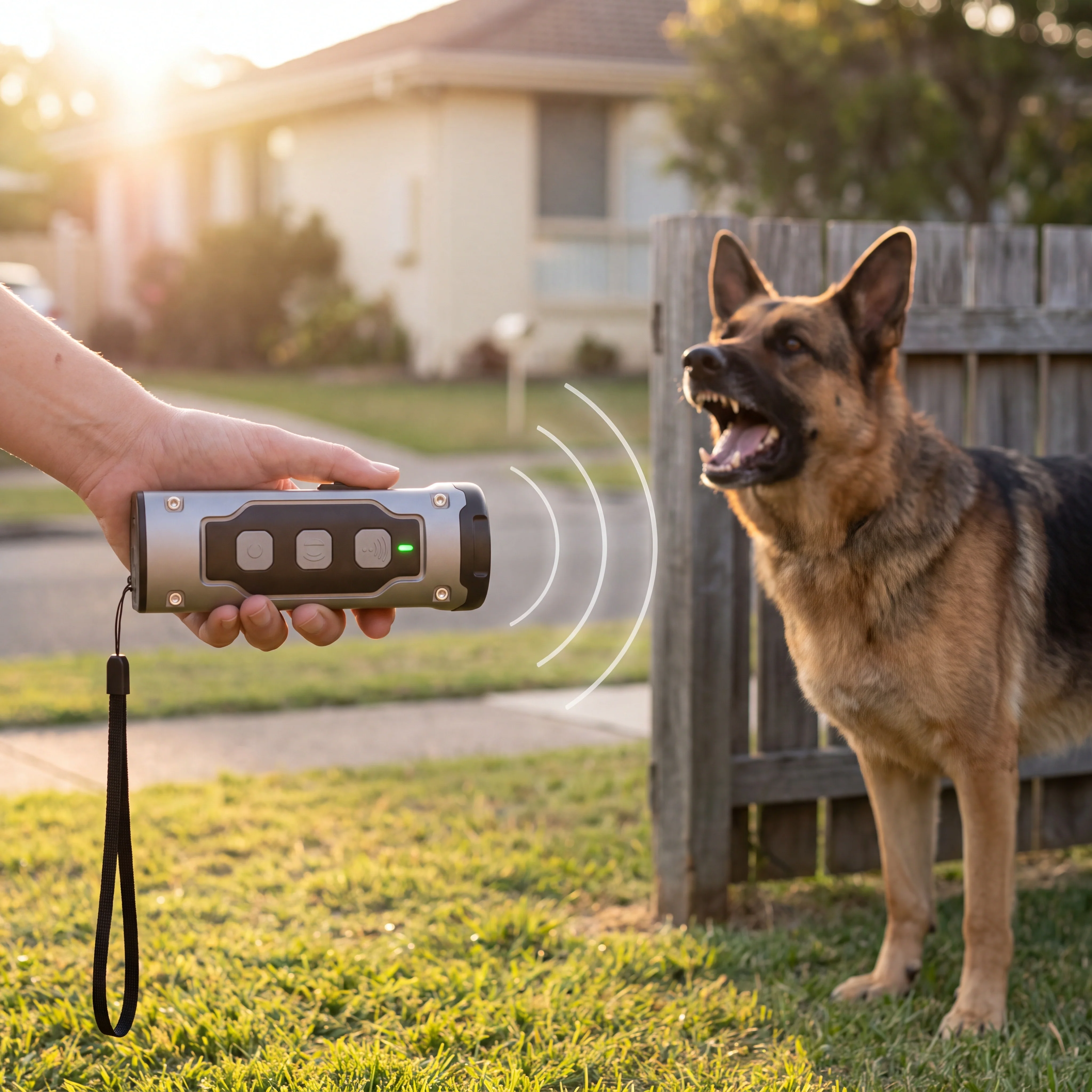 QuietPaws™ PRO ultrasonic anti-barking device used at a fence to address a German Shepherd's stubborn barking