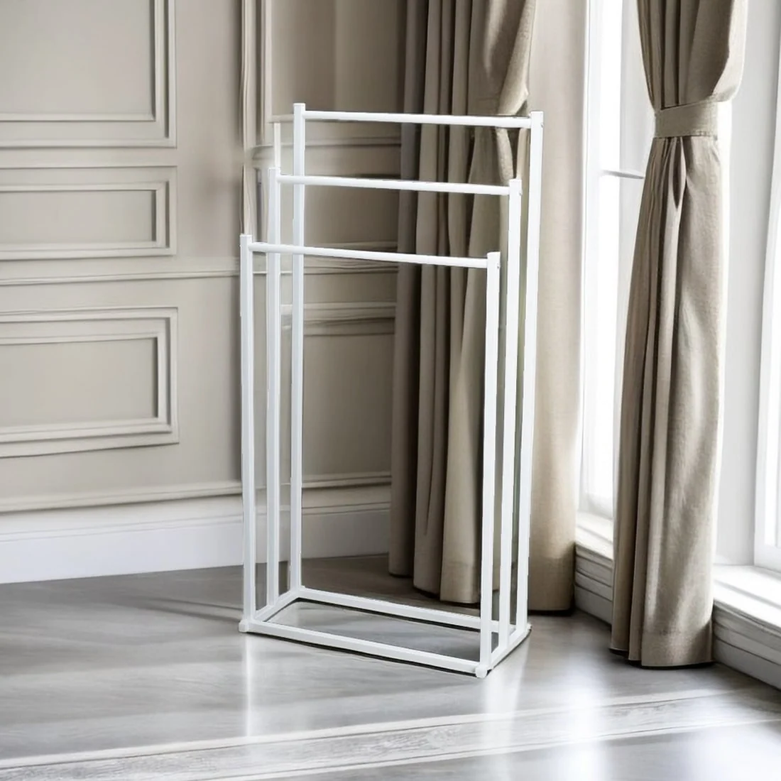 Matte white three-tier freestanding towel rack with metal frame