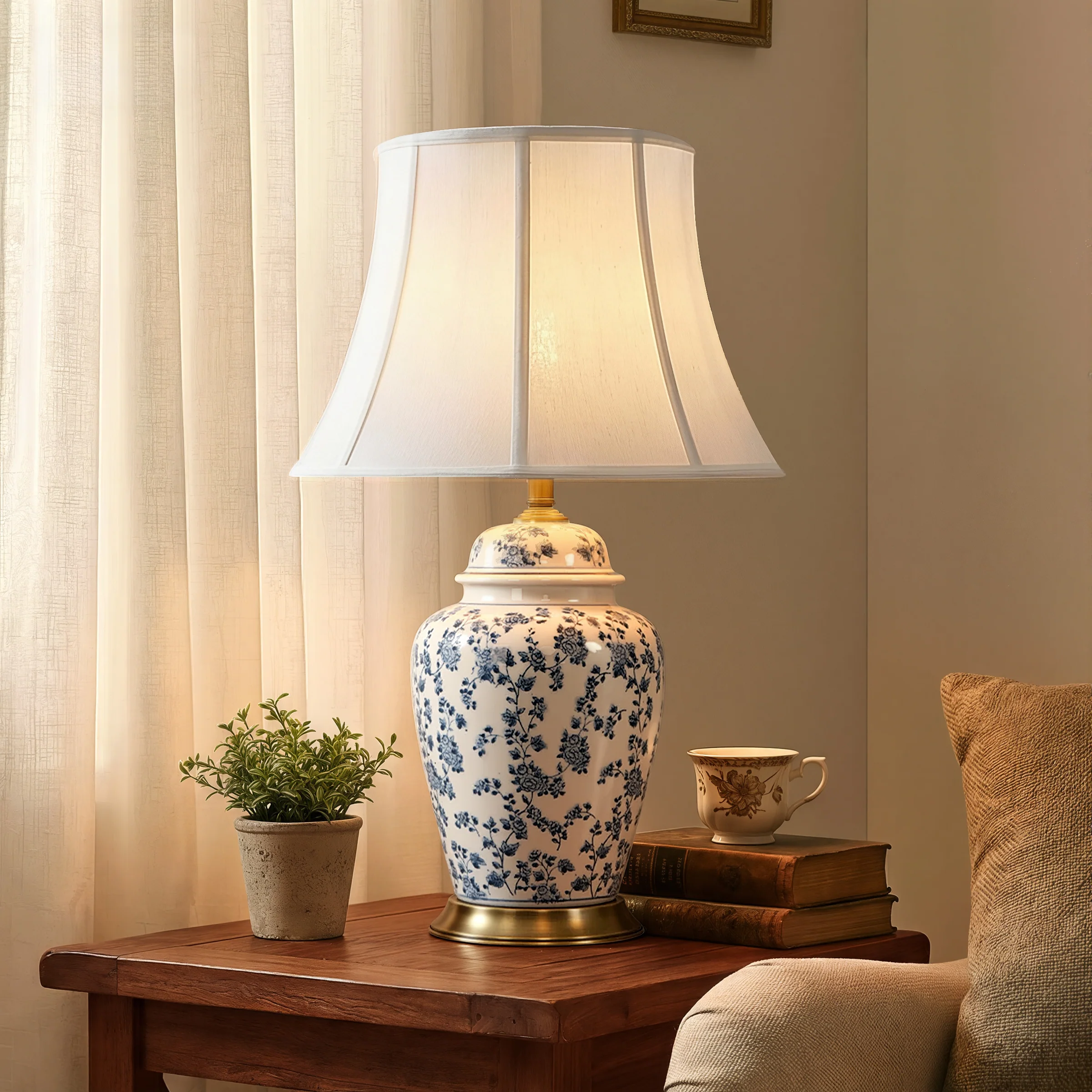 Large Blue Floral Ceramic Table Lamp with Brass Base and Fabric Shade