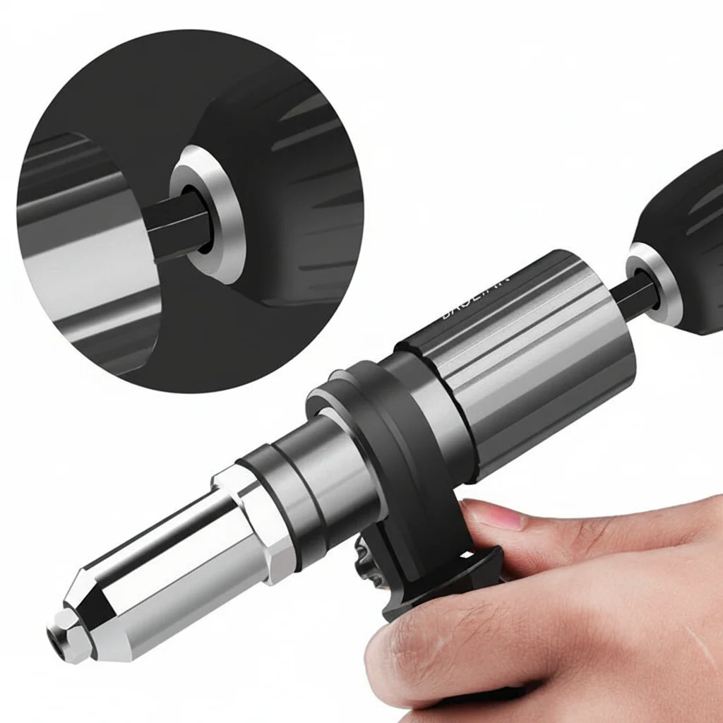Rivet gun drill adapter kit contents with nozzles and rivets