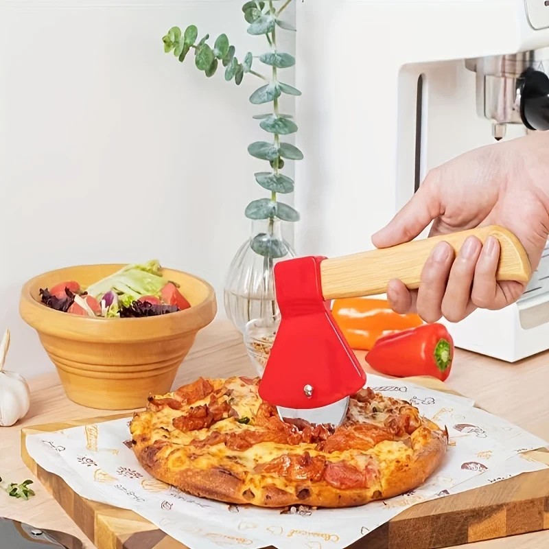 Axe-shaped pizza cutter with a stainless steel blade and bamboo handle